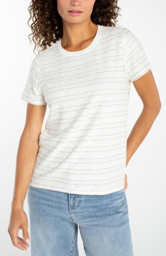 Short Sleeve Crew Neck Tee with Rib Trim, Bone/Matcha Wavy Stripe