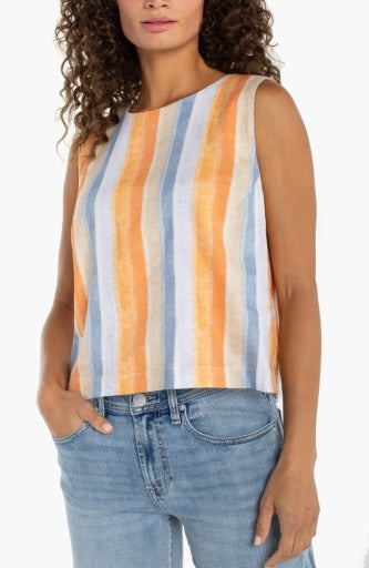 Sleeveless Shell top with Button Back, Multi-Stripe