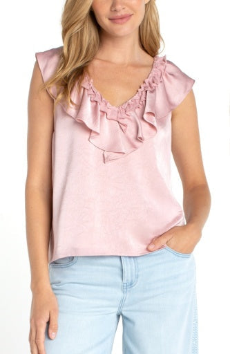 Liverpool ruffle front sleeveless top, light rose, front view