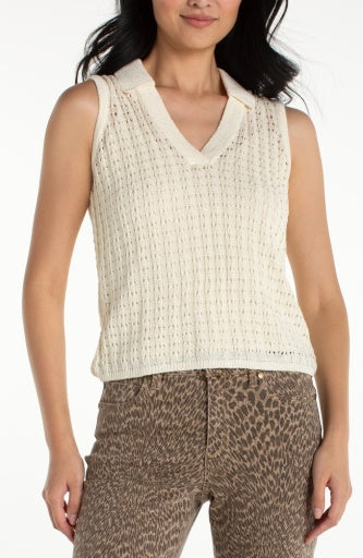 Sleeveless Johnny Collar Sweater, Cream