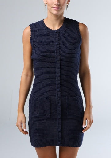 The Normal Brand Quinn knit mini dress, navy, styled view