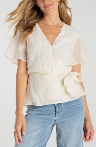 Liverpool short sleeve wrap front woven top with tie, cream