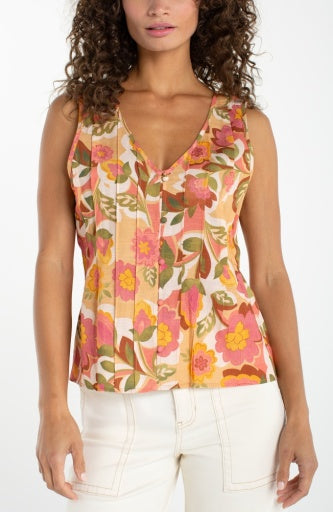 Liverpool sleeveless v-neck woven top with pintucks, tan floral, front view