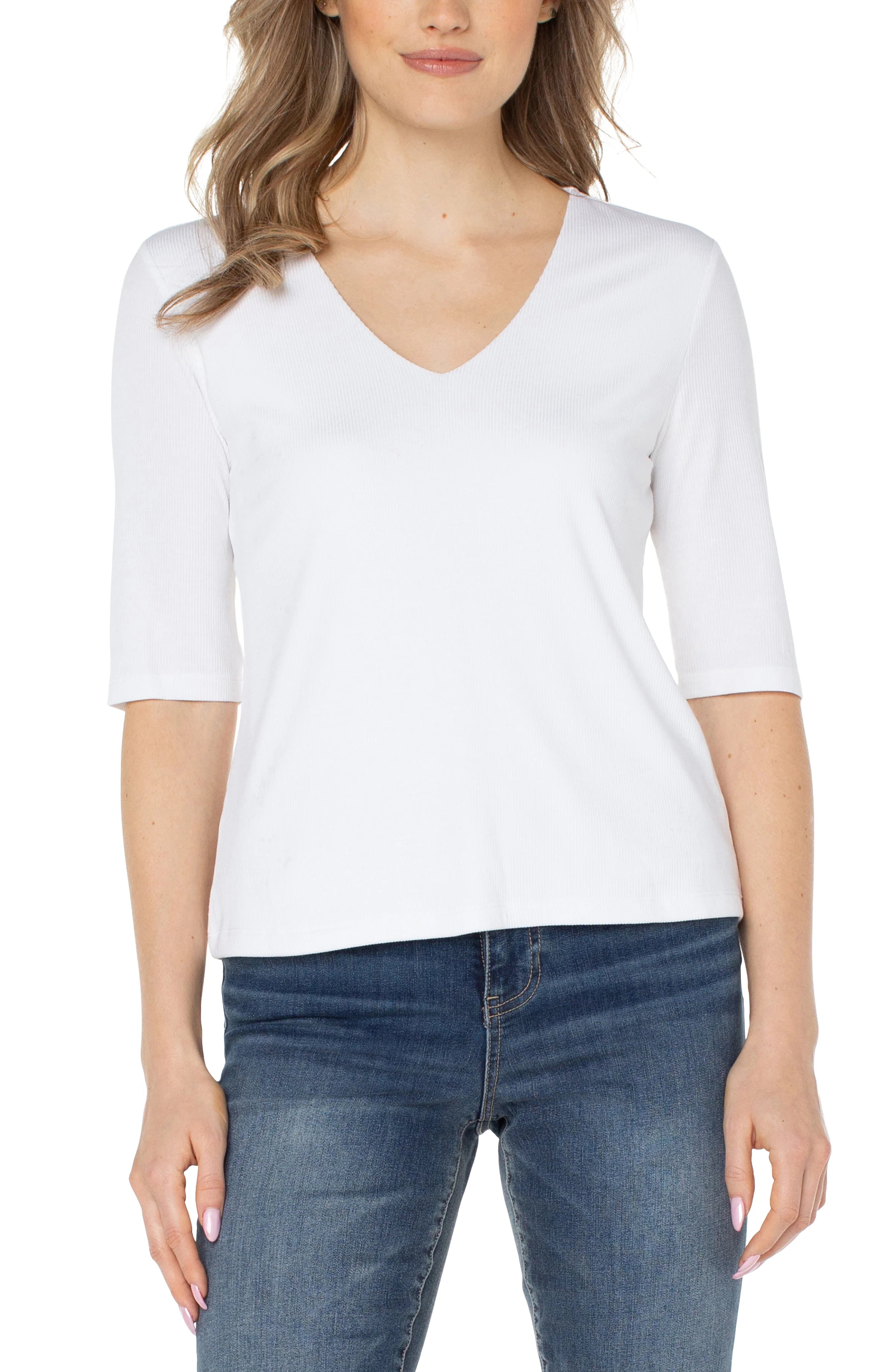 Double Layer V-neck Rib Knit Top, Cream