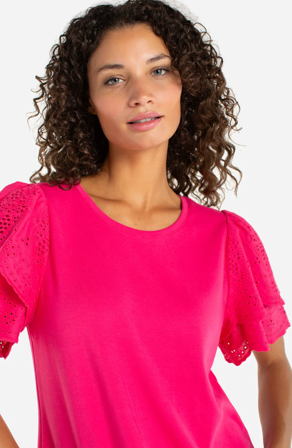 Liverpool short sleeve knit to woven top, diva pink, front view