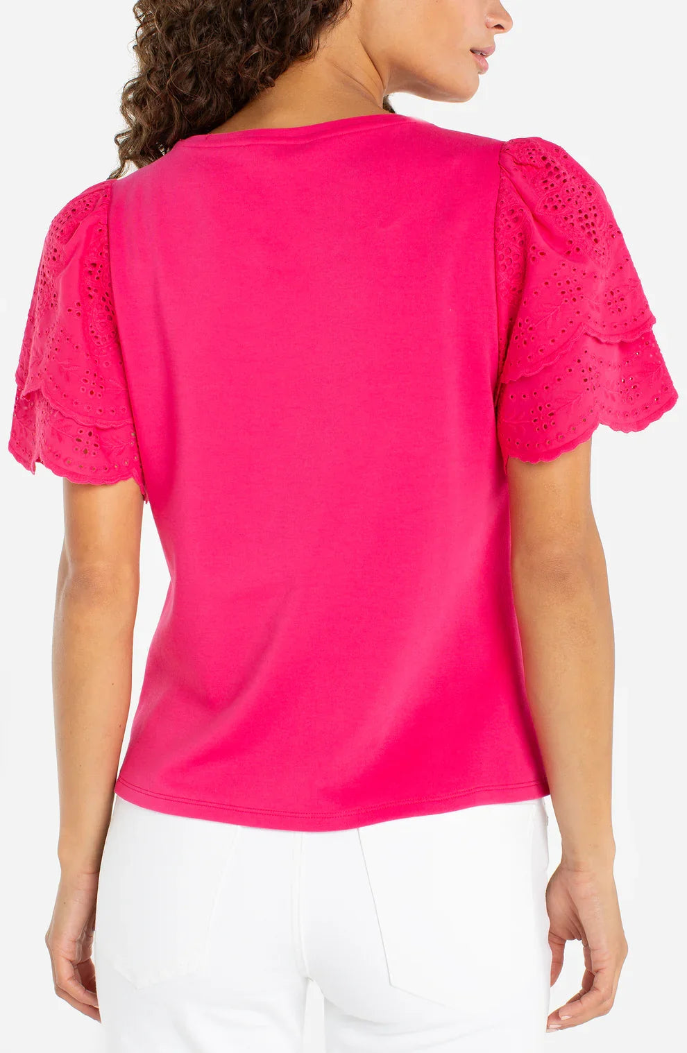 Liverpool short sleeve knit to woven top, diva pink, styled view