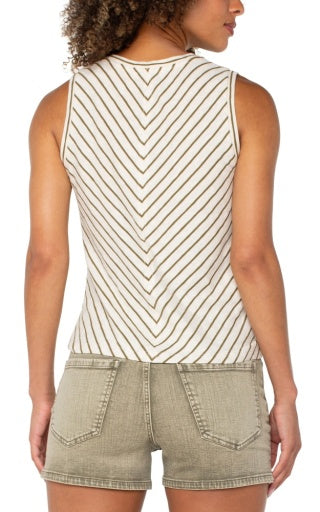 Liverpool sleeveless crew neck twist front top, cream olive stripe, back view