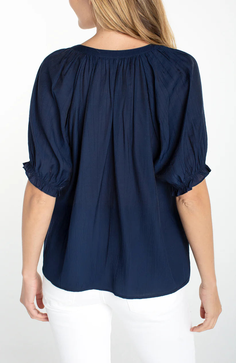 Short Sleeve Half Placket Woven Blouse, Navy