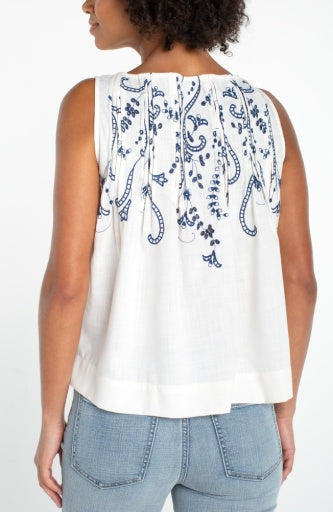 Sleeveless Boat Neck Woven Top with Pintucks