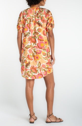 Short Sleeve Button Front Woven Dress, Tan Floral