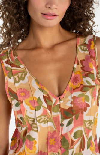 Liverpool sleeveless v-neck woven top with pintucks, tan floral, back view