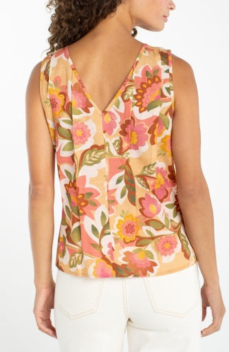 Sleeveless Vneck Woven Top with Pintucks, Tan Floral