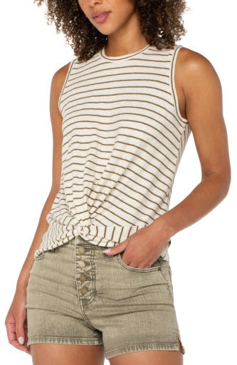 Liverpool sleeveless crew neck twist front top, cream olive stripe, detail view