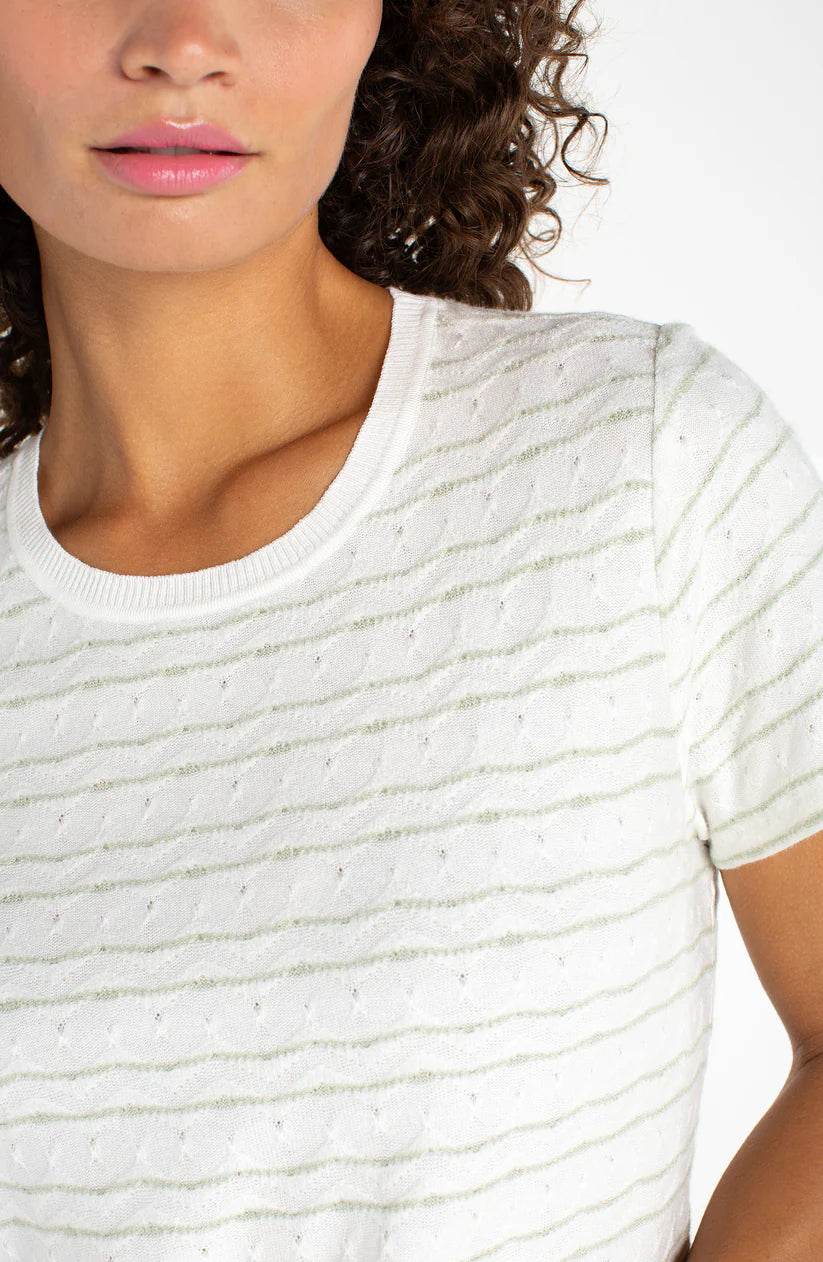 Short Sleeve Crew Neck Tee with Rib Trim, Bone/Matcha Wavy Stripe