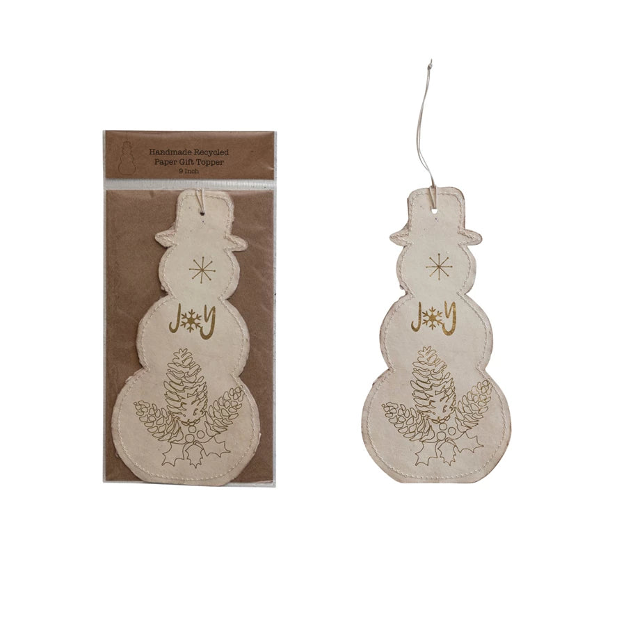 Handmade Recycled Paper Snowman Ornament/Gift Tag, Cream & Gold Color