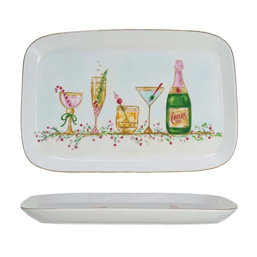 Stoneware Platter w/ Holiday Cocktails & Gold Electroplating, Multi Color ©