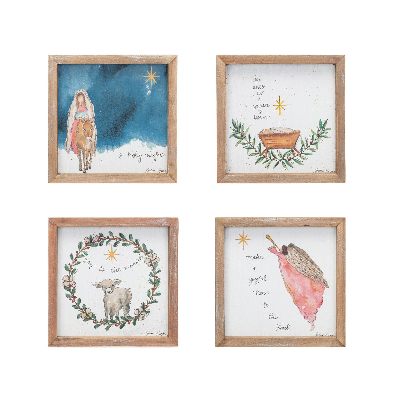 Wood Framed Wall Décor w/ Mary, Jesus, Lamb, Shepard & Saying, 4 Styles ©