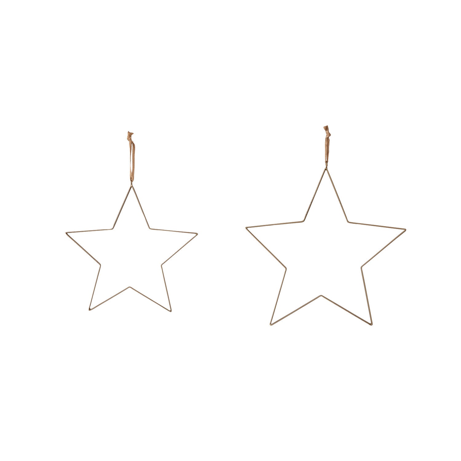 Hanging Metal Stars with Fabric Ribbon, Antique Brass Finish, Set of 2