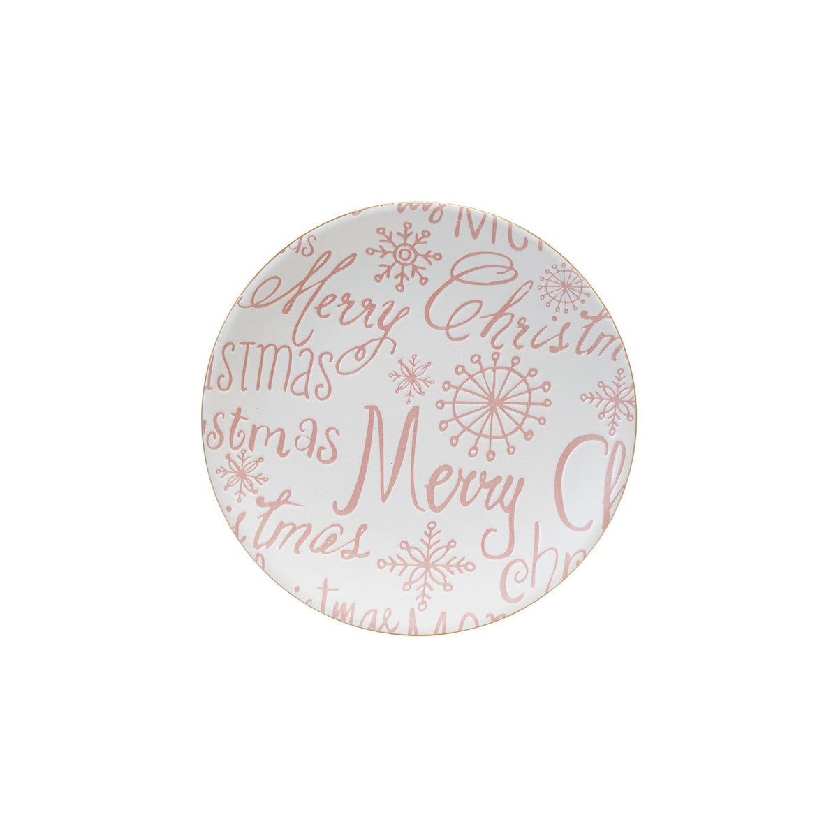 Stoneware Plate with Gold Color Rim "Merry Christmas", Pink & White
