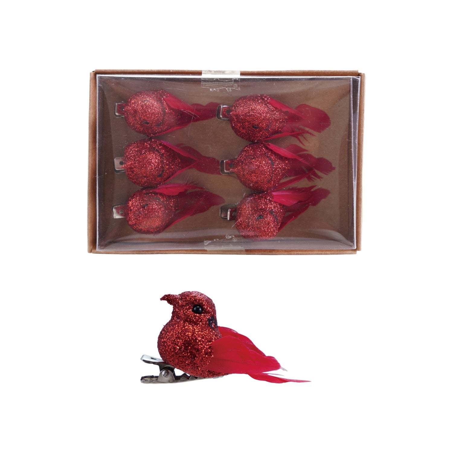 Foam & Feather Bird Clip-on Ornaments with Glitter, Boxed Set of 6