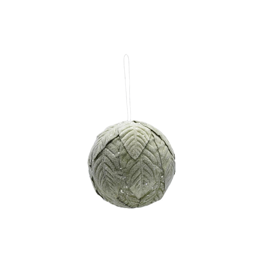 Foam & Fabric Leaves Ball Ornament with Glitter, Ice Finish, Green