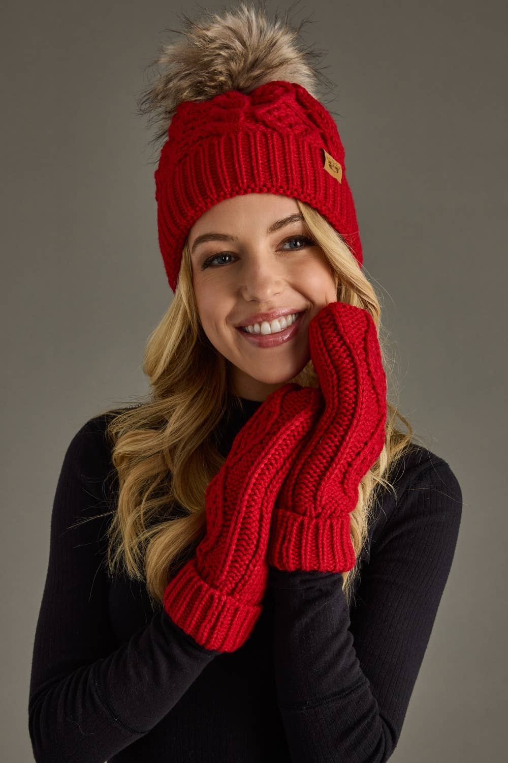 Red Cable Knit Pom Hat
