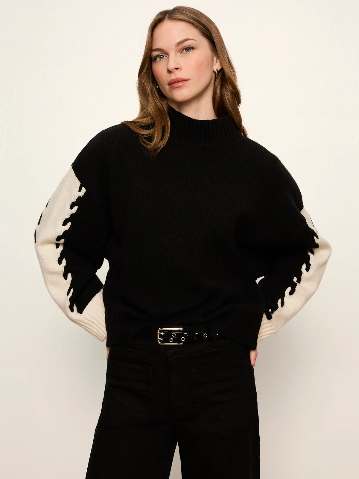 Colorblock Mock Neck Pullover, Black/Bone