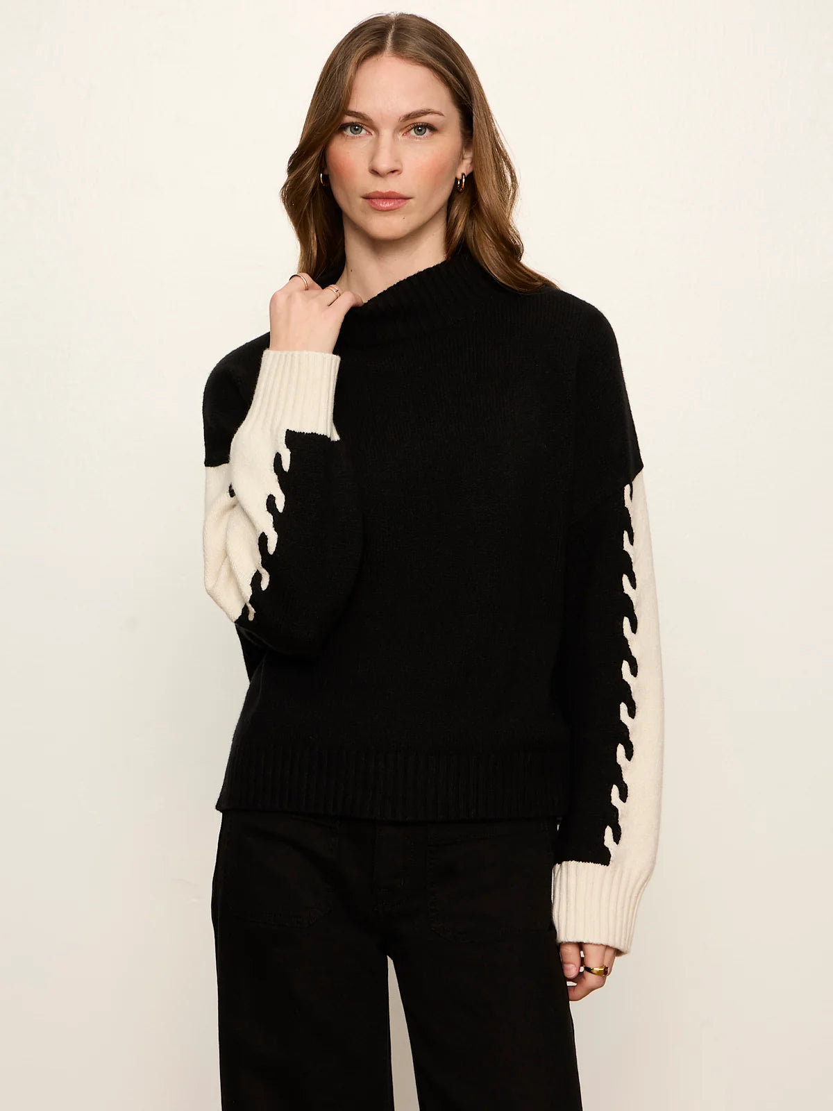 Colorblock Mock Neck Pullover, Black/Bone