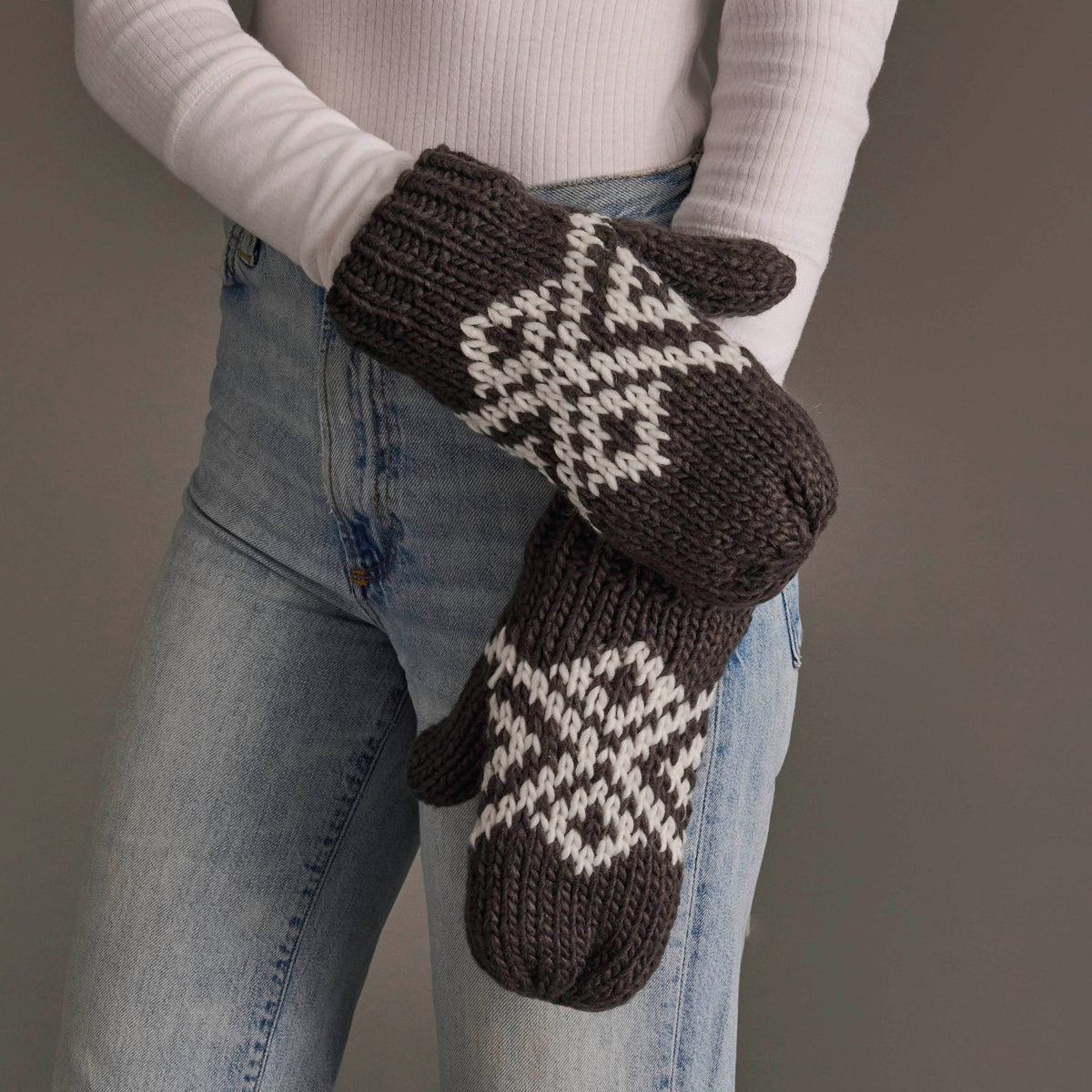 Panache Apparel Co. dark gray and white geometric knit mittens with ribbed cuffs
