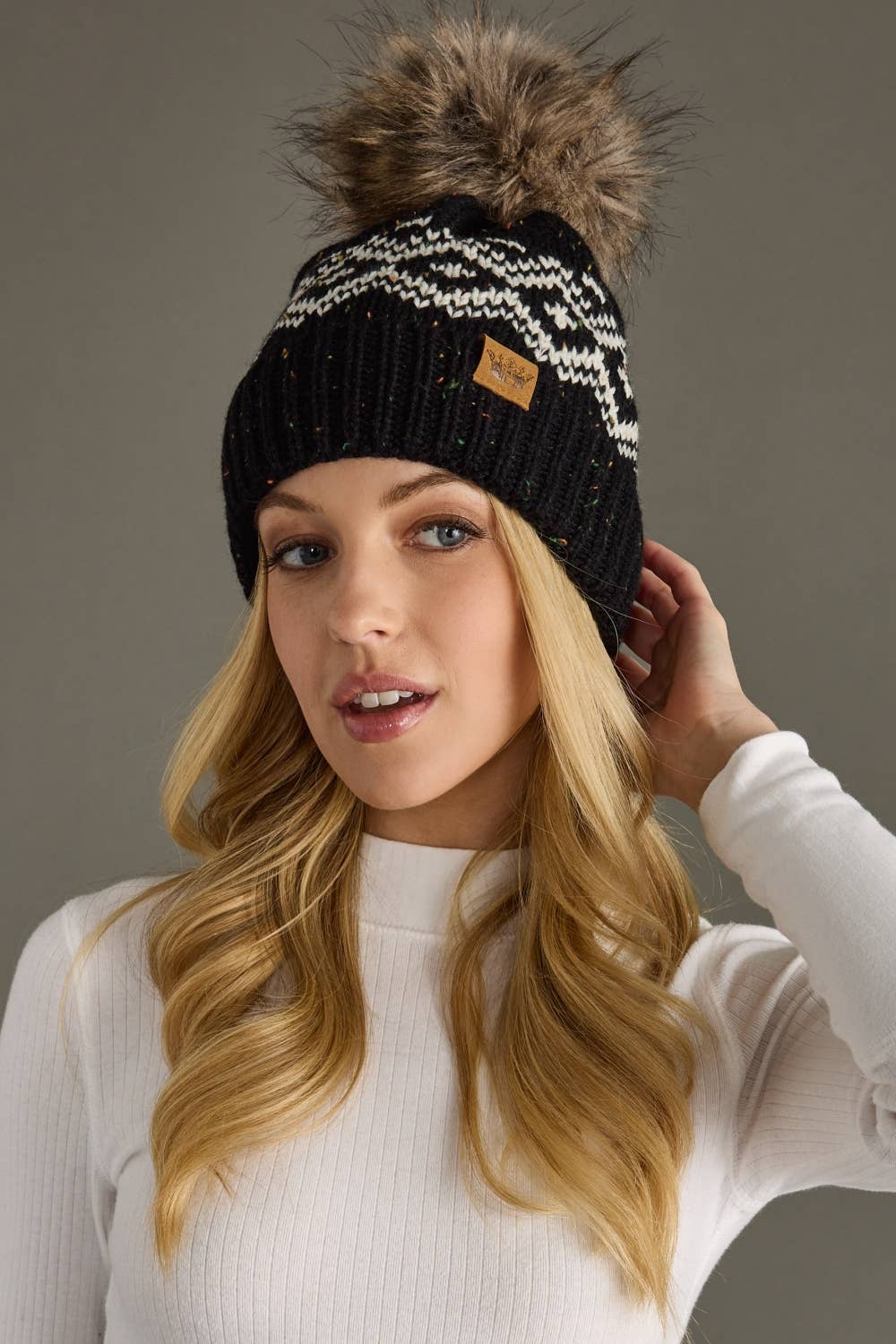 Black & Speckled Patterned Pom Hat