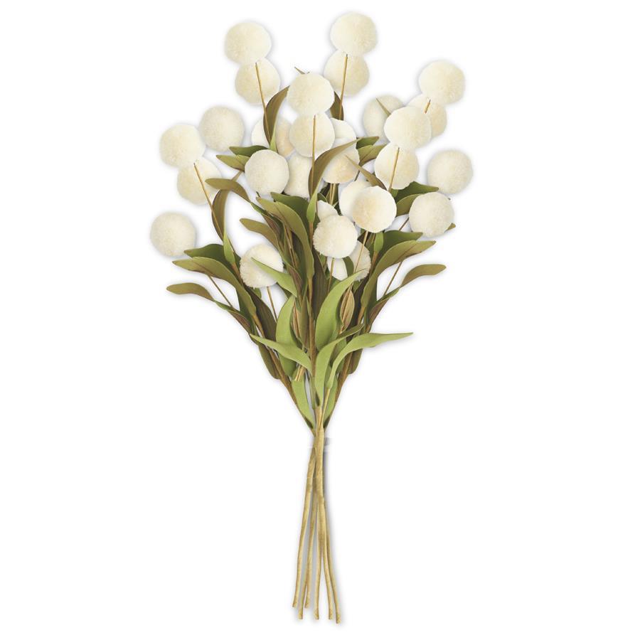 Cream Pompom Pick w/Green Eva Leaves Bundle (6 Stems)