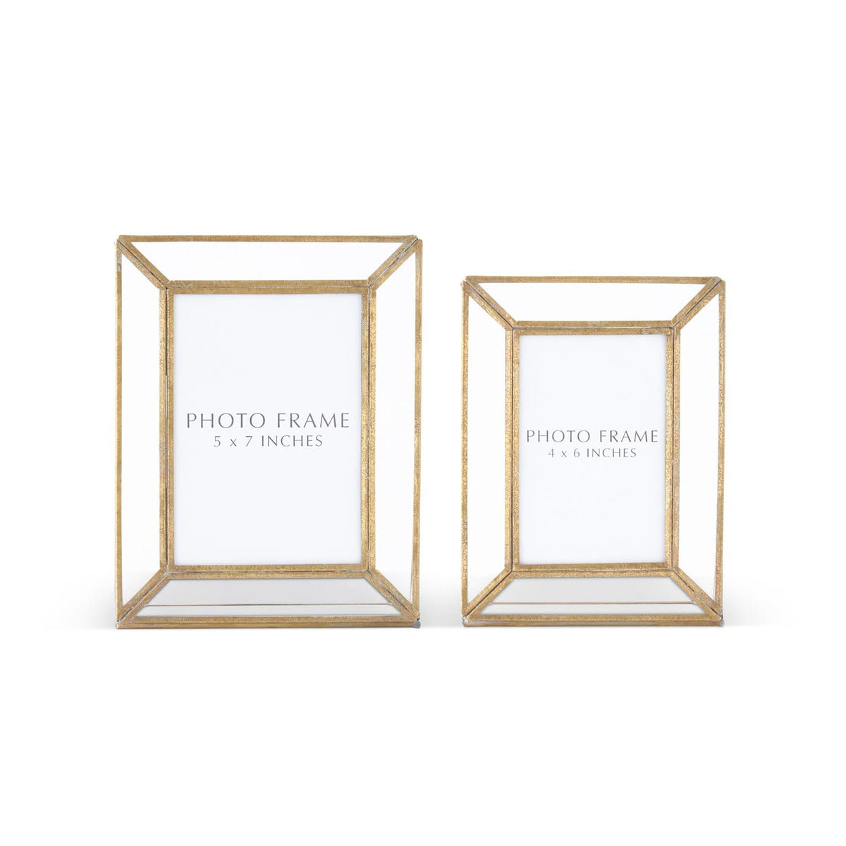 Gold metal and clear glass photo frames in two sizes