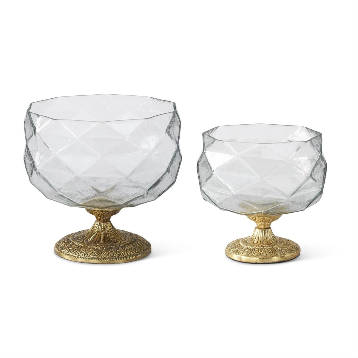 Pressed glass bowls on gold filigree pedestals, 2 sizes