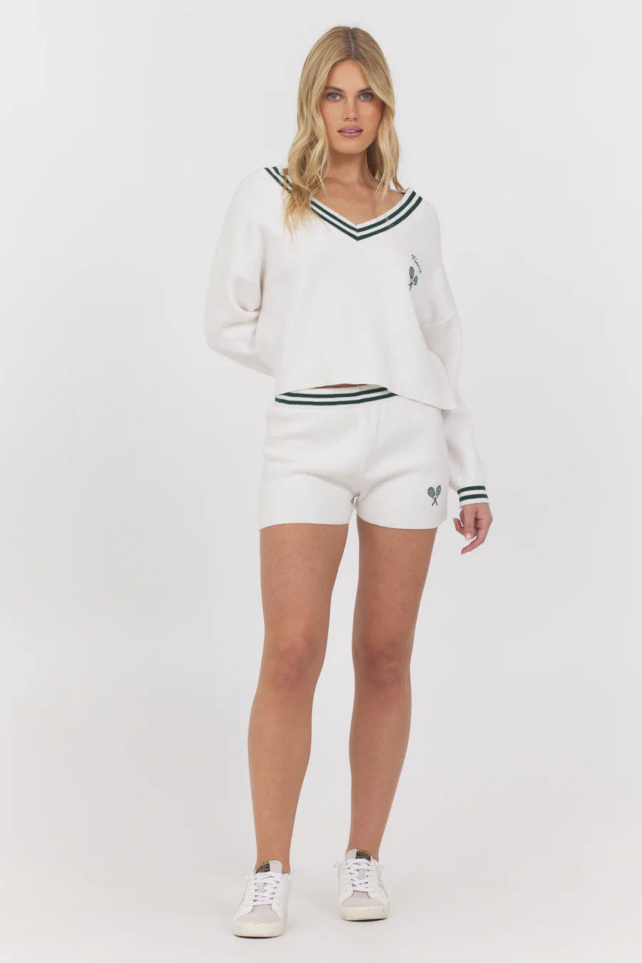 Ivory with Hunter Green Varsity Knit Long Sleeve Vneck