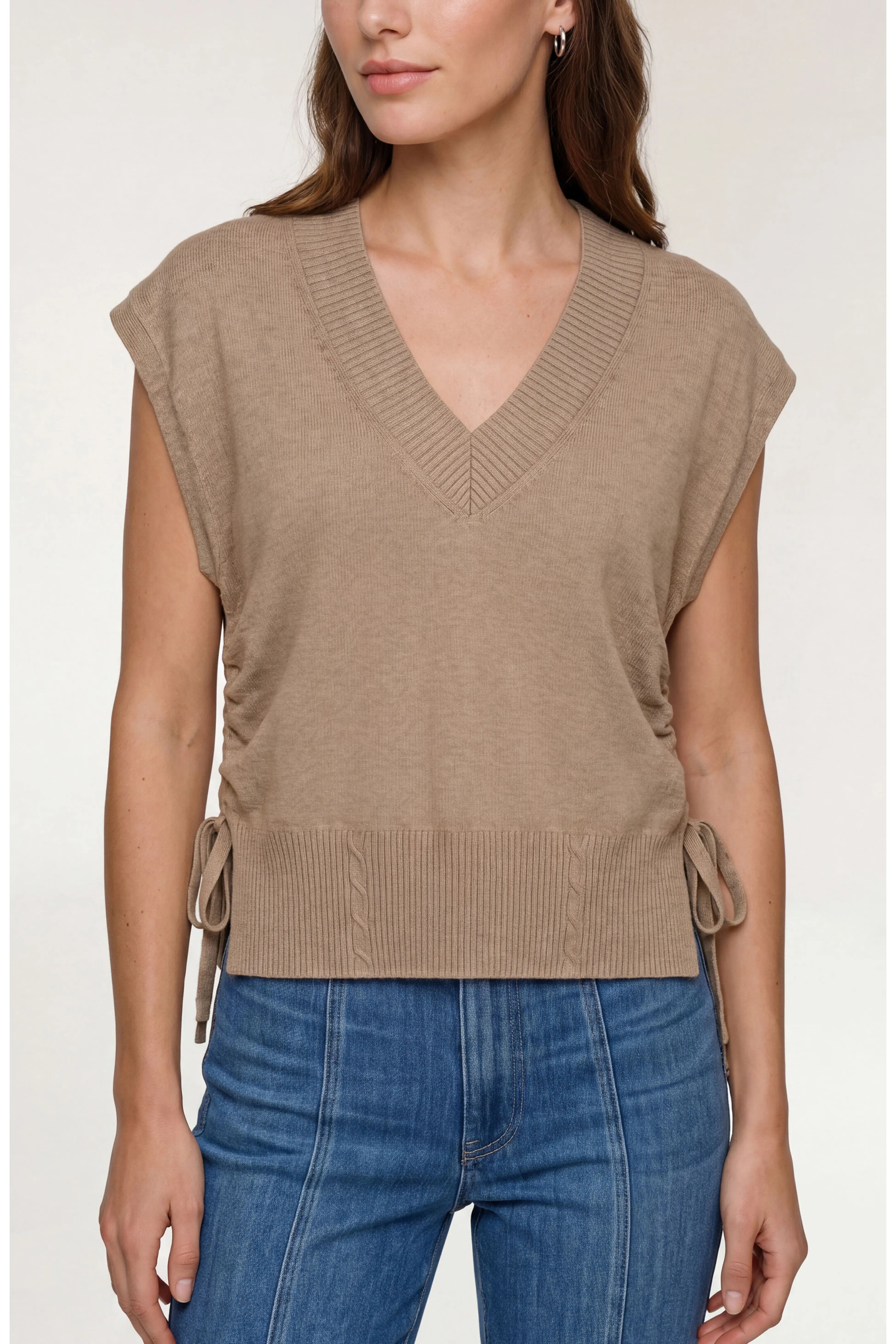 Vneck Dolman Popover Sweater with Ties, Harvest Khaki