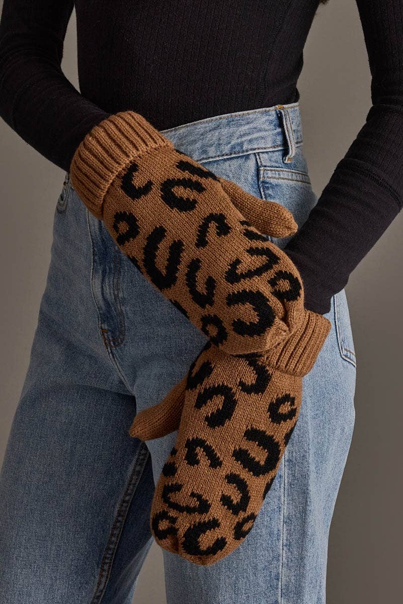Panache Apparel Co. camel leopard print knit mittens with ribbed cuff