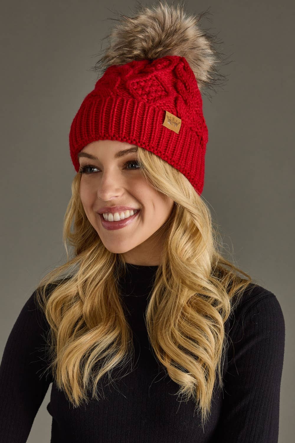 Red Cable Knit Pom Hat