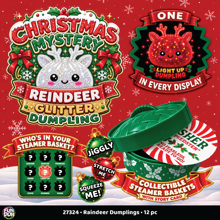 Novelty Brands Fun Doh Christmas Mystery Reindeer Dumpling squishy toy, holiday-themed blind box