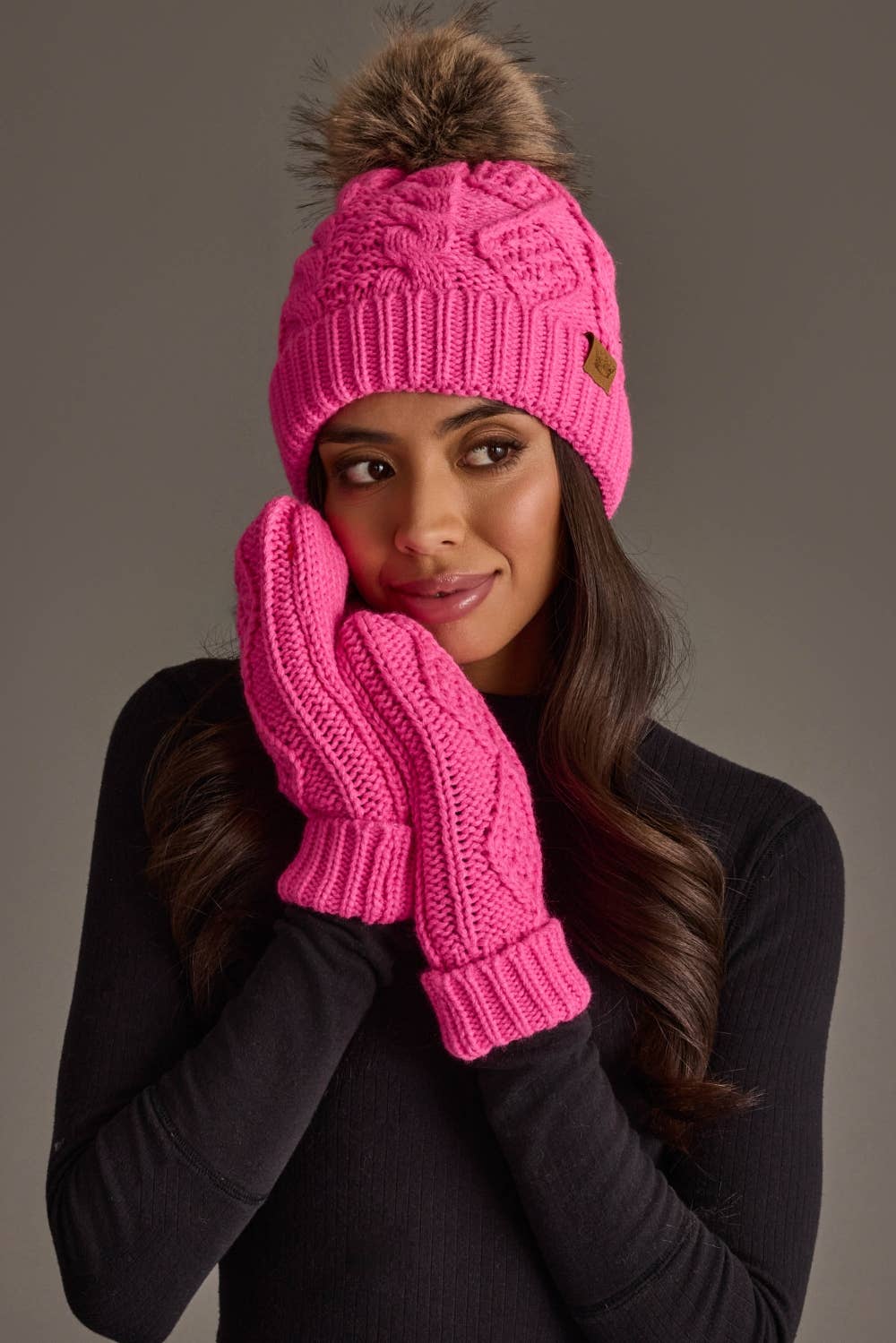 Panache Apparel Co. bright pink cable knit mittens with ribbed cuff