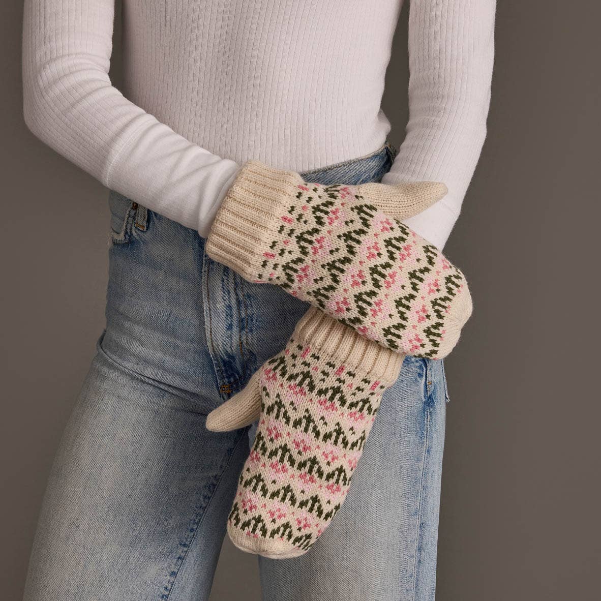 Panache Apparel Co. cream and pink floral knit mittens with ribbed cuffs