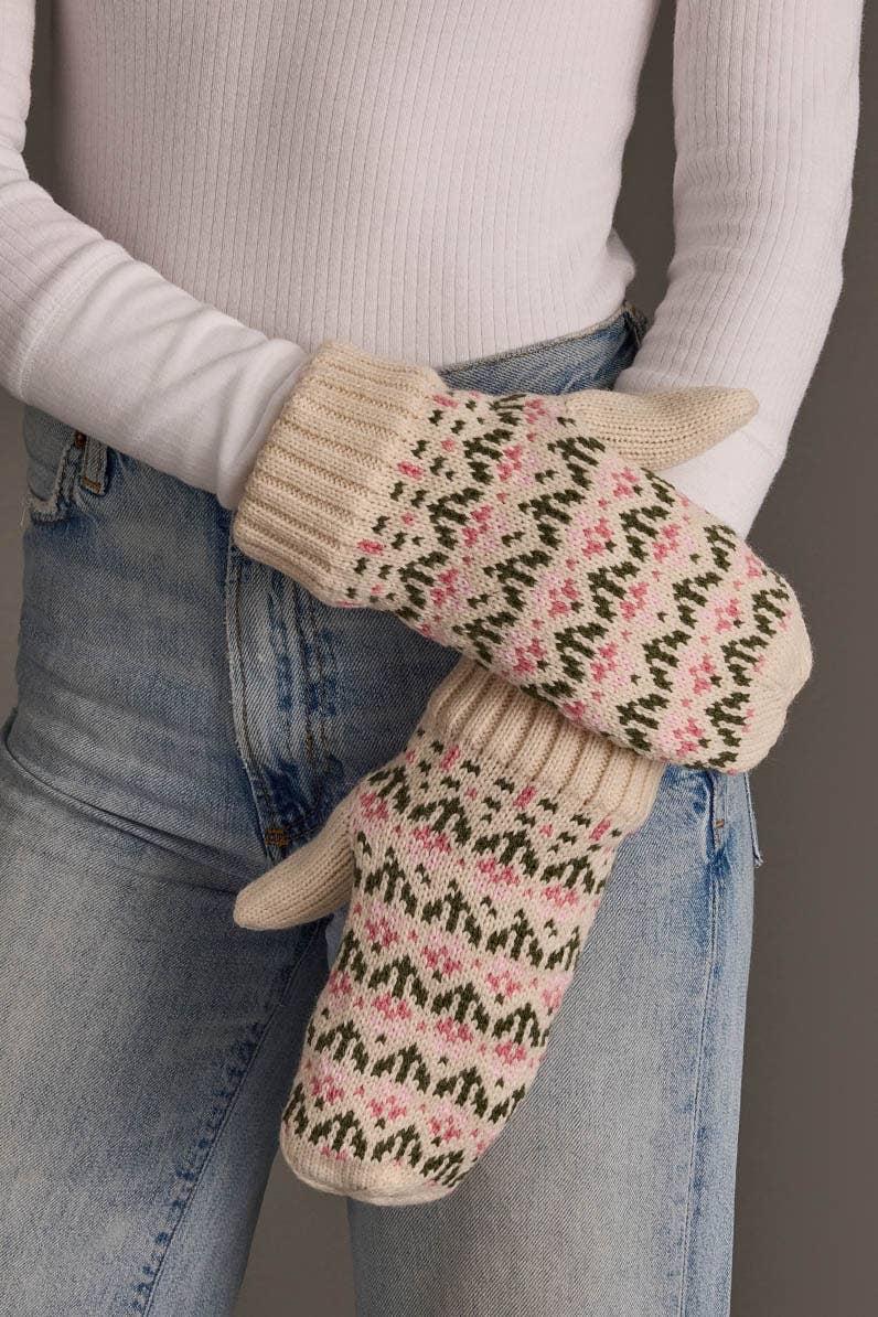 Panache Apparel Co. cream and pink floral knit mittens with ribbed cuffs