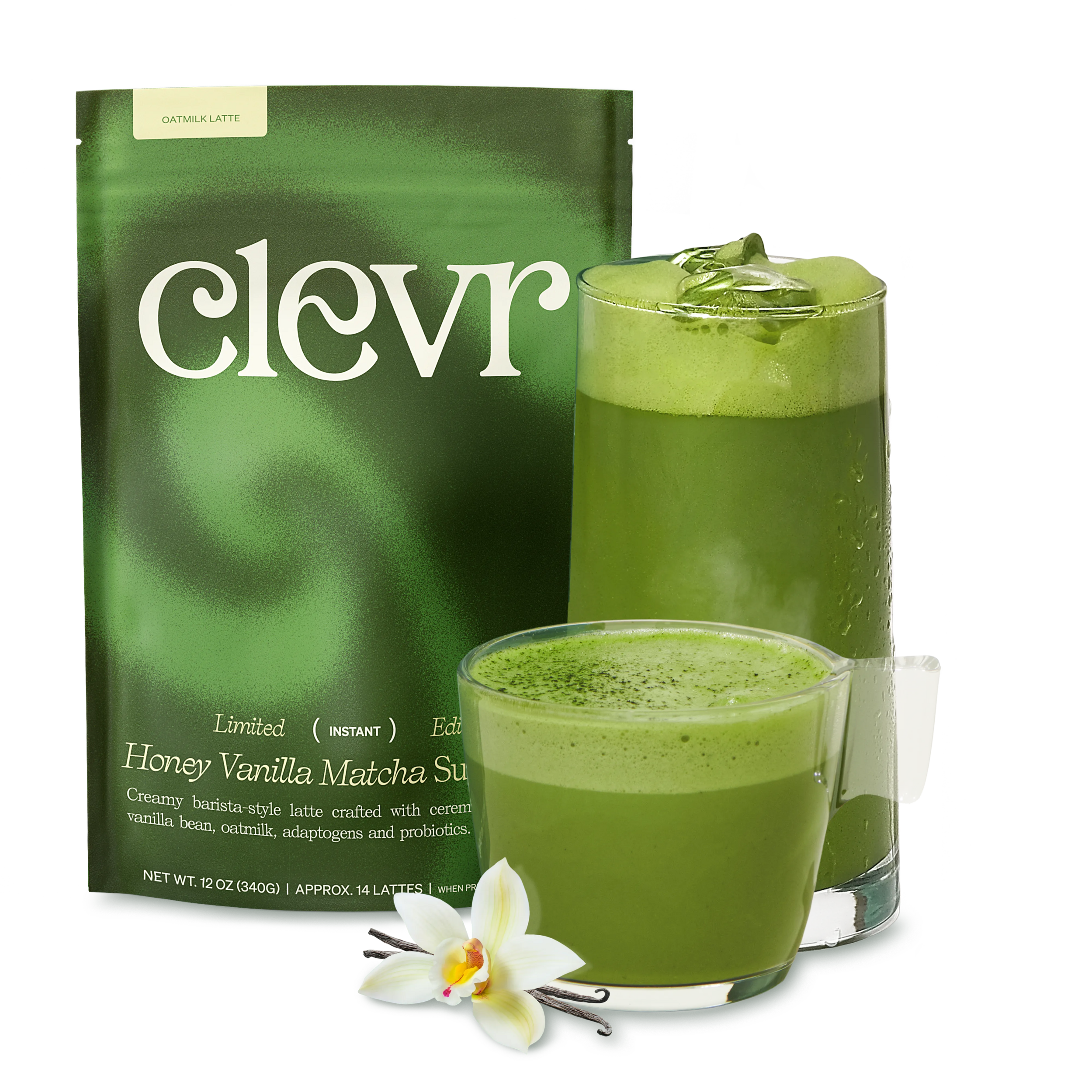 Honey Vanilla Matcha SuperLatte (14 Lattes) | Instant Ceremonial Grade, Superfood Powder Blend, Oat Milk, Lions Mane, Reishi Mushroom, Coconut Cream, Ashwagandha, Serve Hot or Iced