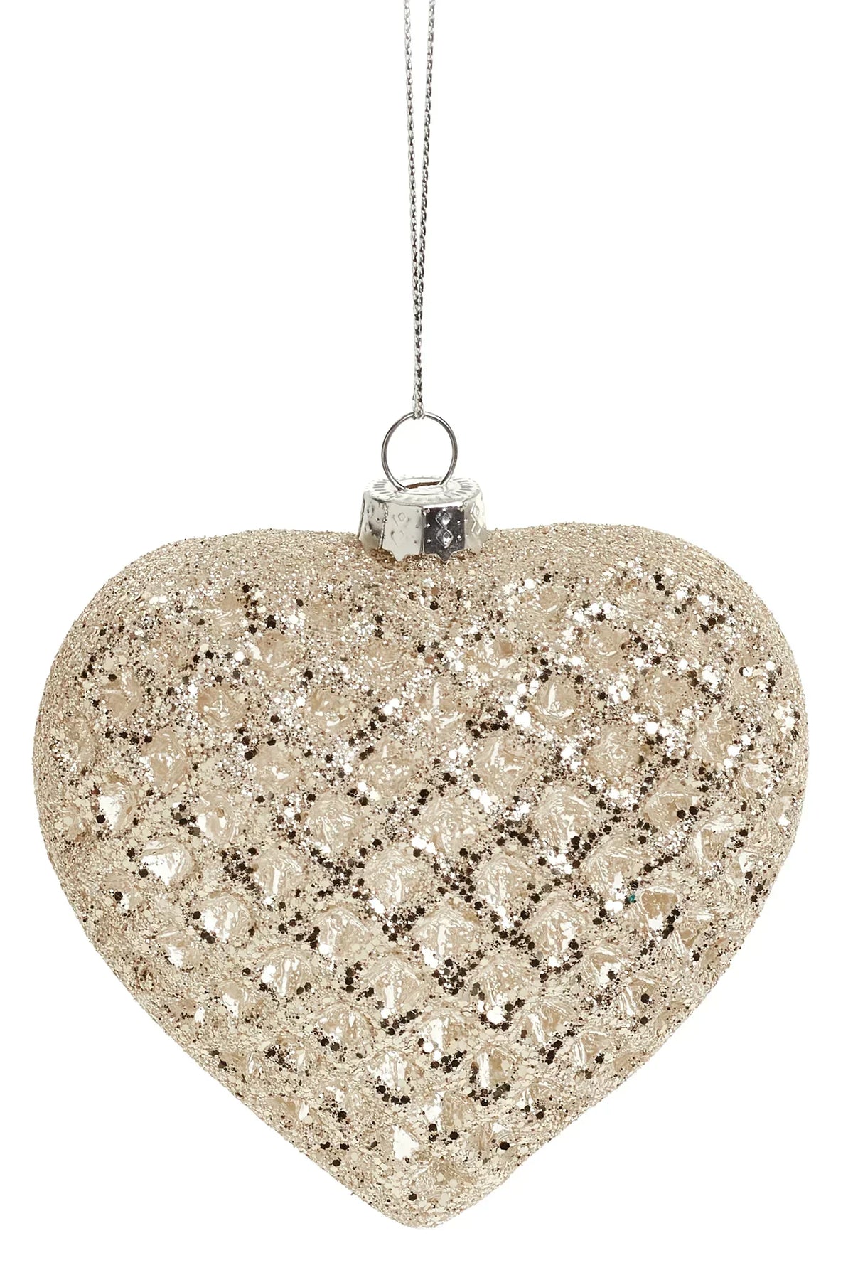 Glass heart ornament, silver, 3.5 inches tall