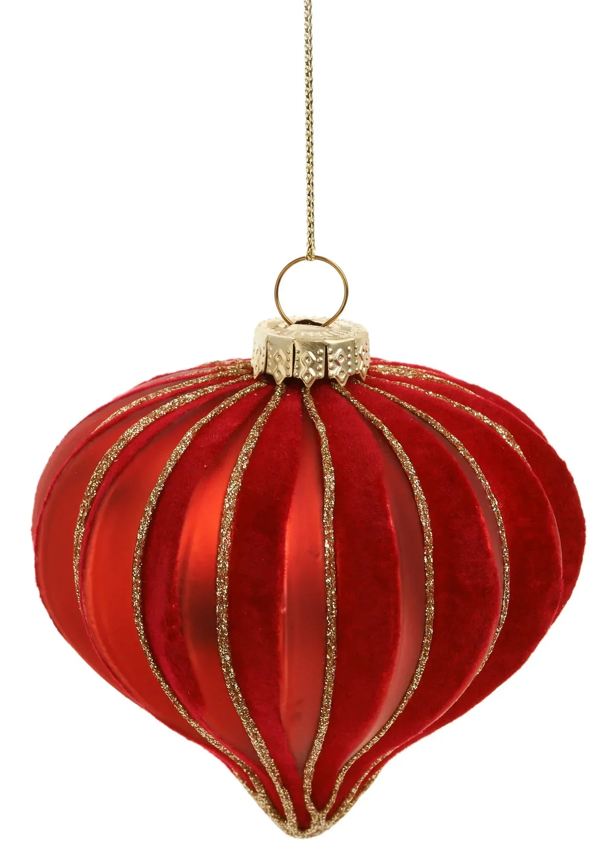 Onion-shaped glass ornament, red and gold, 3x3.5 inches
