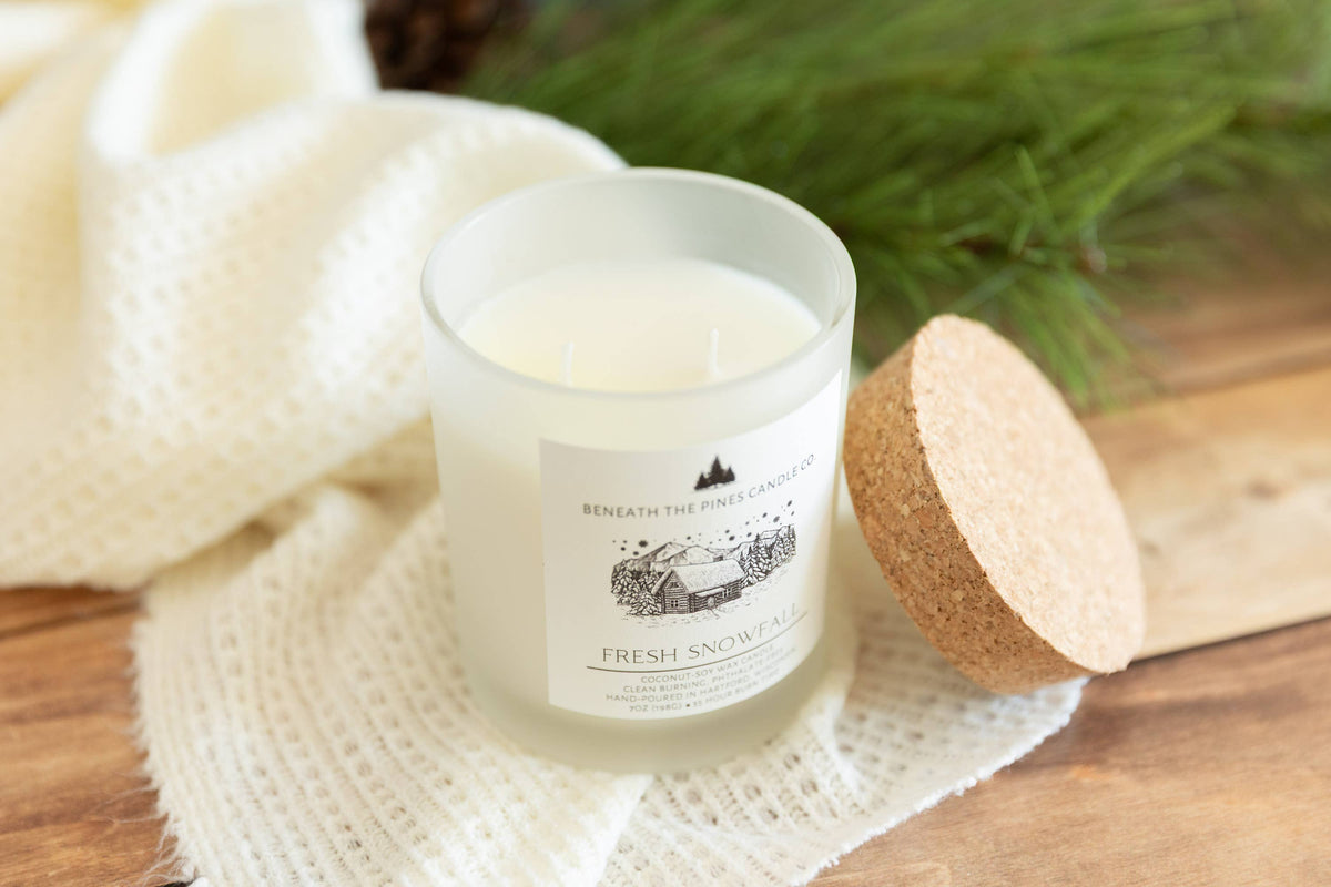 Beneath The Pines Candle Co. Fresh Snowfall soy candle in glass jar