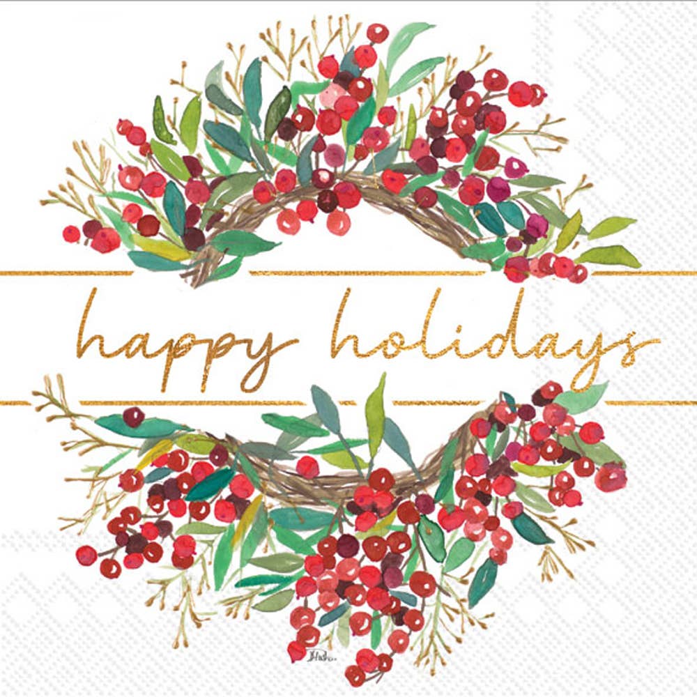 Boston International Happy Holidays wreath paper cocktail napkins, 20 count, Christmas design