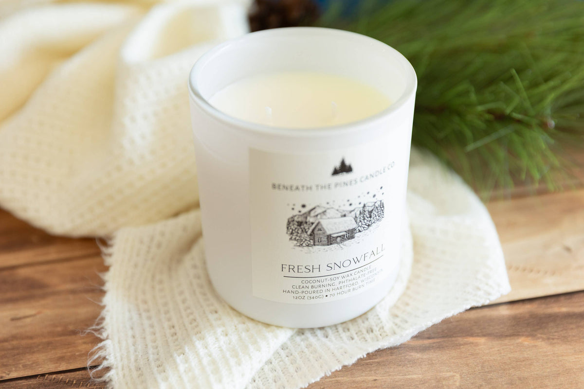 Beneath The Pines Candle Co. Fresh Snowfall soy candle in glass jar