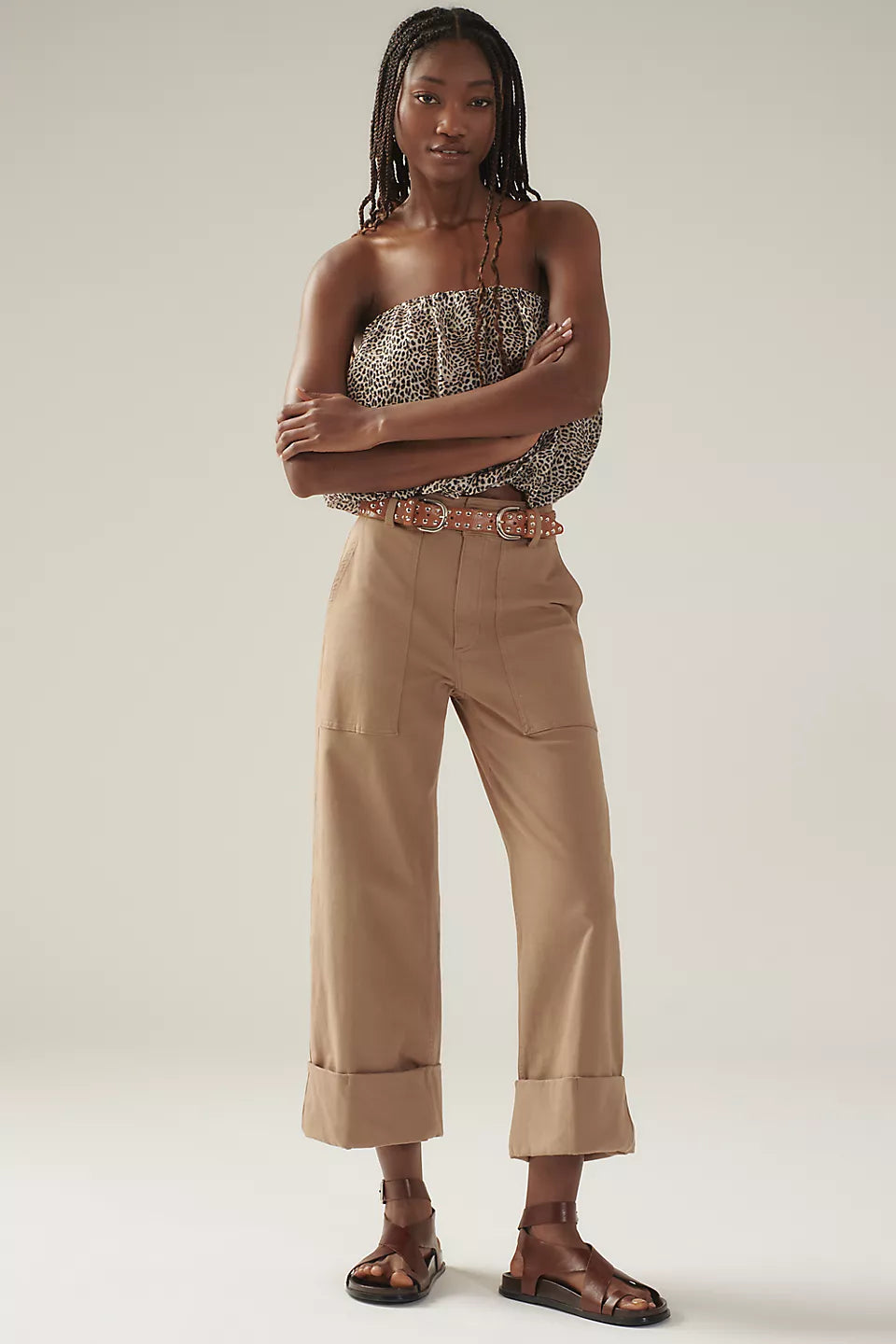 Maya High-Rise Cuffed Hem Wide-Leg Pants, Biscuit