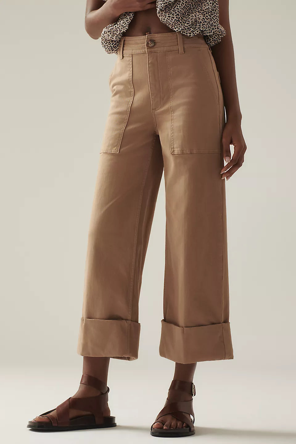 Maya High-Rise Cuffed Hem Wide-Leg Pants, Biscuit