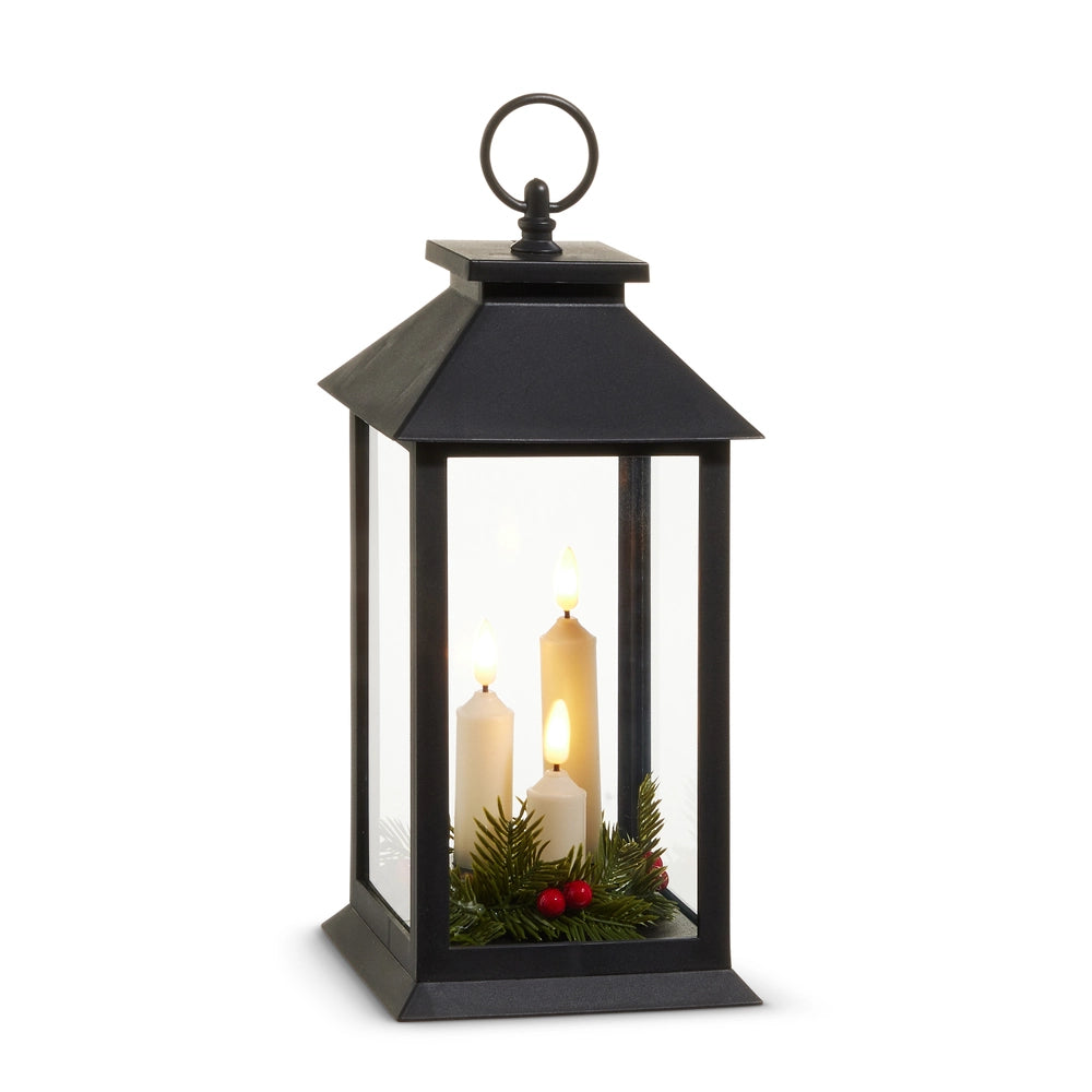 Raz Imports black iron lantern with flameless wax candles and greenery, 12 inches